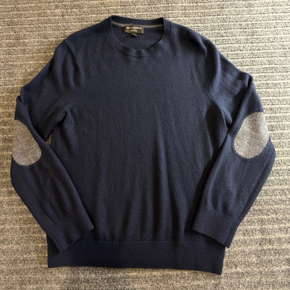 Men's Banana Republic Navy Blue Merino Wool Sweater Heather Gray Elbow Patches